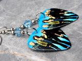 Aerosmith Group Picture Guitar Pick Earrings with Aqua Blue Swarovski Crystals