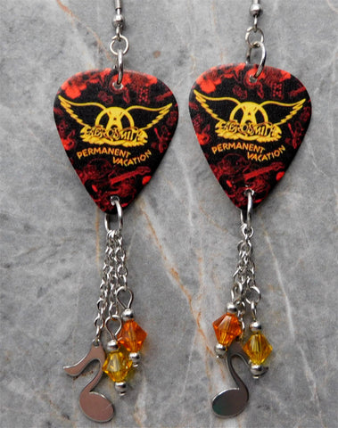 Aerosmith Permanent Vacation Guitar Pick Earrings with Charm and Swarovski Crystal Dangles