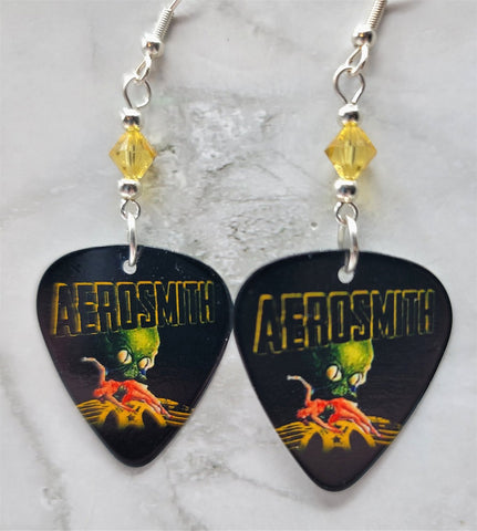 Aerosmith Alien Guitar Pick Earrings with Lime Green Swarovski Crystals