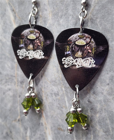 Aerosmith Guitar Pick Earrings with Khaki Green Swarovski Crystal Dangles