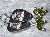 Aerosmith Guitar Pick Earrings with Khaki Green Swarovski Crystal Dangles