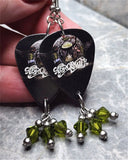 Aerosmith Guitar Pick Earrings with Khaki Green Swarovski Crystal Dangles