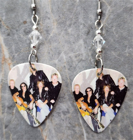 Aerosmith Group Picture Guitar Pick Earrings with Clear Swarovski Crystals