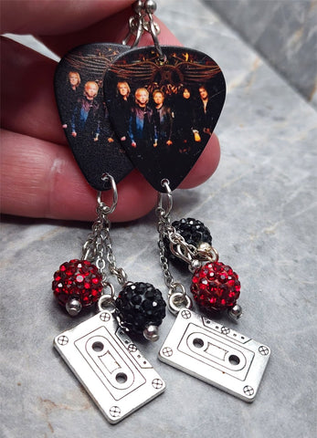 Aerosmith Guitar Pick Earrings with Charm and Pave Bead Dangles