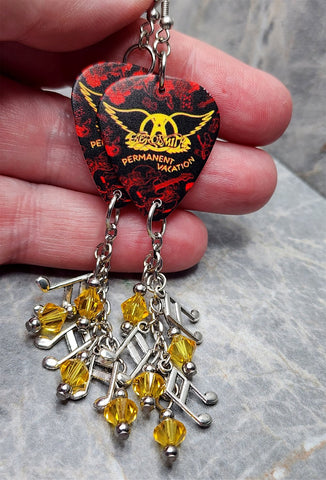 Aerosmith Permanent Vacation Guitar Pick Earrings with Music Note Charms and Yellow Swarovski Crystal Dangles