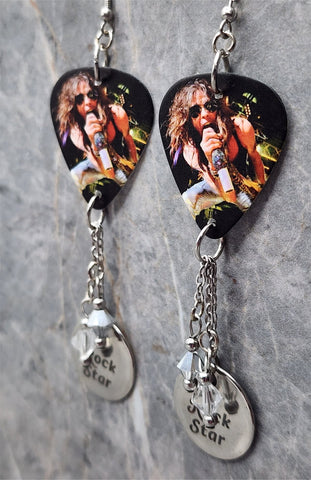 Aerosmith Steven Tyler Guitar Pick Earrings with Stainless Steel Charm and Swarovski Crystal Dangles