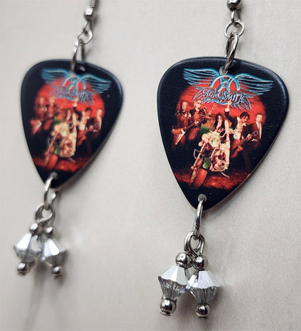 Aerosmith Group Picture and Logo Guitar Pick Earrings with Silver Swarovski Crystal Dangles