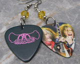 Aerosmith Steven Tyler and Joe Perry Guitar Pick Earrings with Yellow Swarovski Crystals