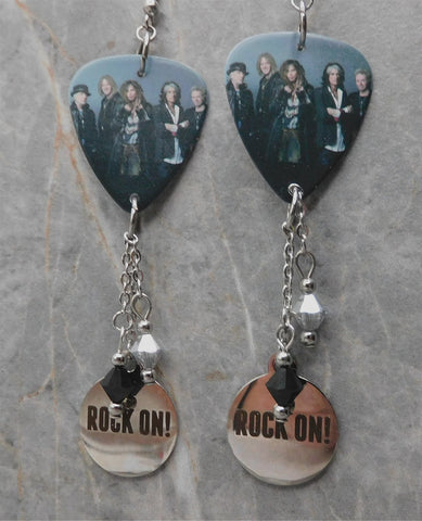 Aerosmith Guitar Pick Earrings with Rock On Stainless Steel Charms and Swarovski Crystal Dangles