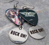 Aerosmith Steven Tyler and Joe Perry Guitar Pick Earrings with Stainless Steel Rock On Charm Dangles