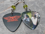 Aerosmith Steven Tyler and Joe Perry Guitar Pick Earrings with Lime Green Swarovski Crystals