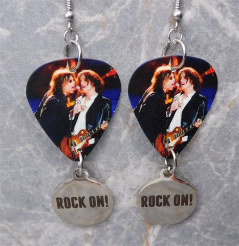 Aerosmith Steven Tyler and Joe Perry Guitar Pick Earrings with Stainless Steel Rock On Charm Dangles