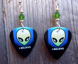 I Believe Alien Guitar Pick Earrings with Green Swarovski Crystals