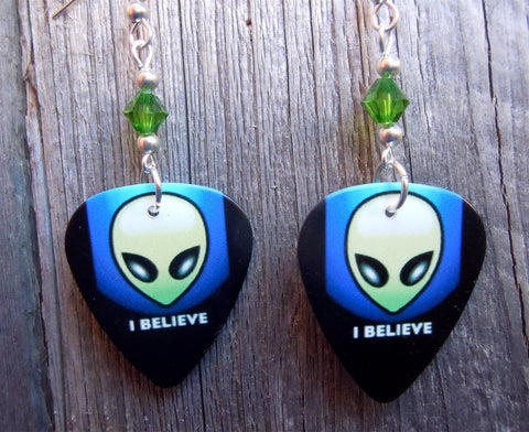 I Believe Alien Guitar Pick Earrings with Green Swarovski Crystals