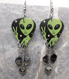 Alien Peace Sign Hand Guitar Pick Earrings with Stainless Steel Alien Head Dangles