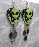 Alien Peace Sign Hand Guitar Pick Earrings with Stainless Steel Alien Head Dangles
