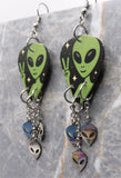 Alien Peace Sign Hand Guitar Pick Earrings with Stainless Steel Alien Head Dangles