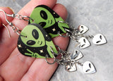 Alien Peace Sign Hand Guitar Pick Earrings with Stainless Steel Alien Head Dangles