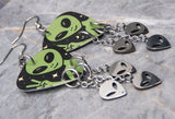 Alien Peace Sign Hand Guitar Pick Earrings with Stainless Steel Alien Head Dangles