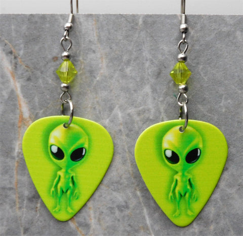 Bright Green Alien Guitar Pick Earrings with Green Swarovski Crystals