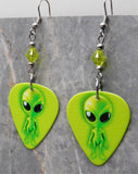 Bright Green Alien Guitar Pick Earrings with Green Swarovski Crystals