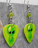 Bright Green Alien Guitar Pick Earrings with Green Swarovski Crystals