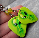 Bright Green Alien Guitar Pick Earrings with Green Swarovski Crystals