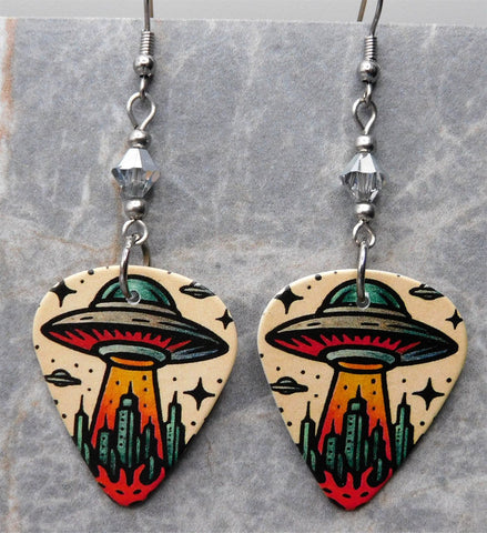 Alien UFO Beam Me Up Guitar Pick Earrings with Metallic Silver Swarovski Crystals