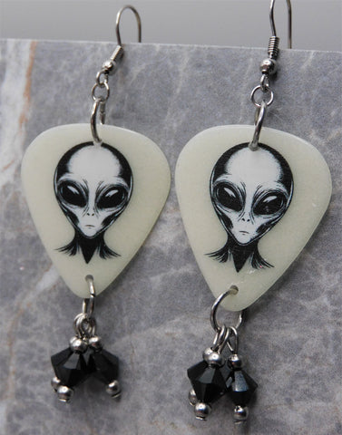 Glow in the Dark Alien Head Guitar Pick Earrings with Black Swarovski Crystal Dangles