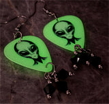 Glow in the Dark Alien Head Guitar Pick Earrings with Black Swarovski Crystal Dangles