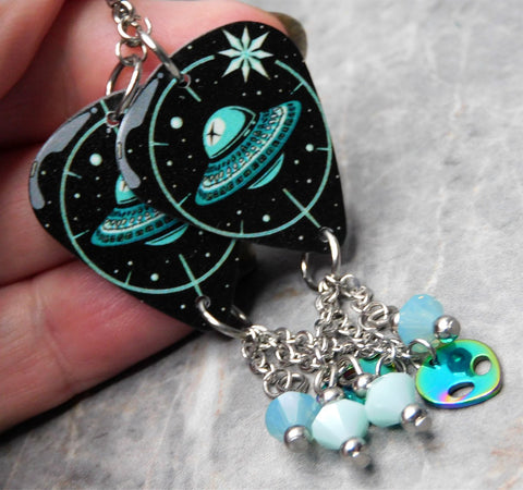 Alien UFO Guitar Pick Earrings with Alien Stainless Steel Charm and Swarovski Crystal Dangles