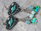 Alien UFO Guitar Pick Earrings with Alien Stainless Steel Charm and Swarovski Crystal Dangles