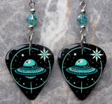 Alien UFO Guitar Pick Earrings with Transparent Turquoise Swarovski Crystals