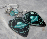 Alien UFO Guitar Pick Earrings with Transparent Turquoise Swarovski Crystals