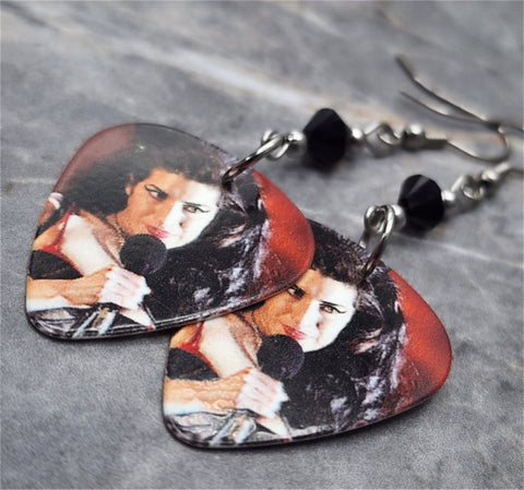 Amy Winehouse Guitar Pick Earrings with Black Swarovski Crystals