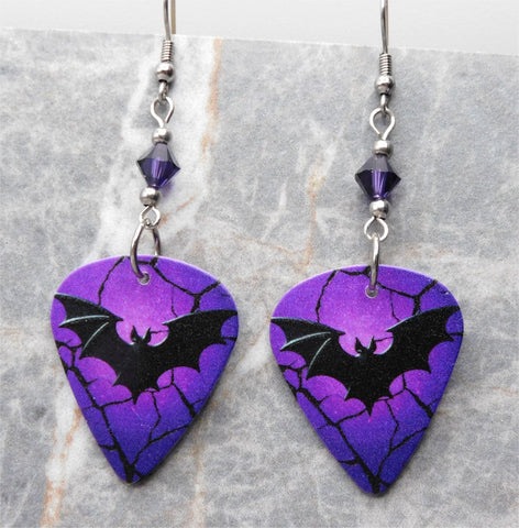 Black Bat on a Purple Guitar Pick Earrings with Purple Swarovski Crystals