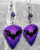 Black Bat on a Purple Guitar Pick Earrings with Purple Swarovski Crystals