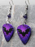 Black Bat on a Purple Guitar Pick Earrings with Purple Swarovski Crystals
