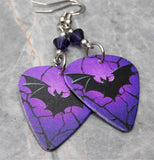 Black Bat on a Purple Guitar Pick Earrings with Purple Swarovski Crystals
