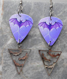 Purple Bat Guitar Pick Earrings with Stainless Steel Bat Charm Dangles