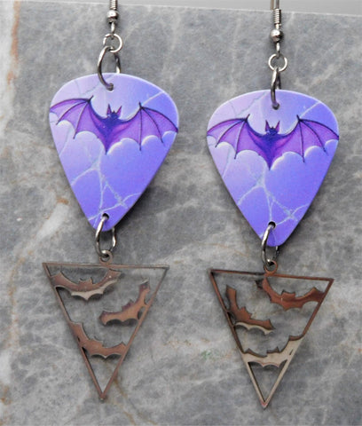 Purple Bat Guitar Pick Earrings with Stainless Steel Bat Charm Dangles