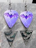 Purple Bat Guitar Pick Earrings with Stainless Steel Bat Charm Dangles