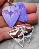 Purple Bat Guitar Pick Earrings with Stainless Steel Bat Charm Dangles