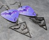 Purple Bat Guitar Pick Earrings with Stainless Steel Bat Charm Dangles