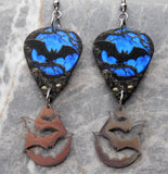 Bat on a Blue Background Guitar Pick Earrings with Large Stainless Steel Bat Charms