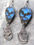 Bat on a Blue Background Guitar Pick Earrings with Large Stainless Steel Bat Charms