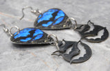 Bat on a Blue Background Guitar Pick Earrings with Large Stainless Steel Bat Charms