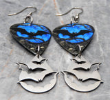 Bat on a Blue Background Guitar Pick Earrings with Large Stainless Steel Bat Charms
