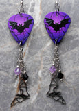 Bat on a Purple Background Guitar Pick Earrings with Stainless Steel Bat Charms and Swarovski Crystal Dangles