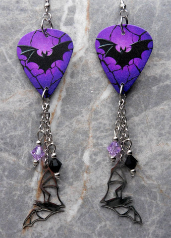 Bat on a Purple Background Guitar Pick Earrings with Stainless Steel Bat Charms and Swarovski Crystal Dangles